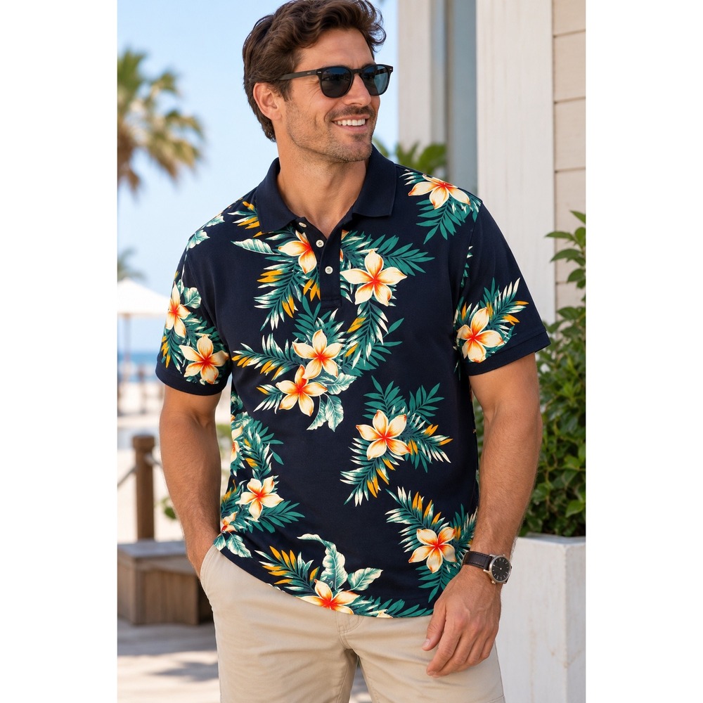 Banana Republic Mens Polo Shirt Organic Cotton Pique Floral Tropical Navy Blue L